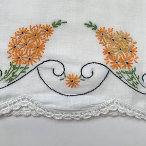 Vtg Embroidered Floral Pillowcase Crochet Lace Cottagecore Shabby Decor Country